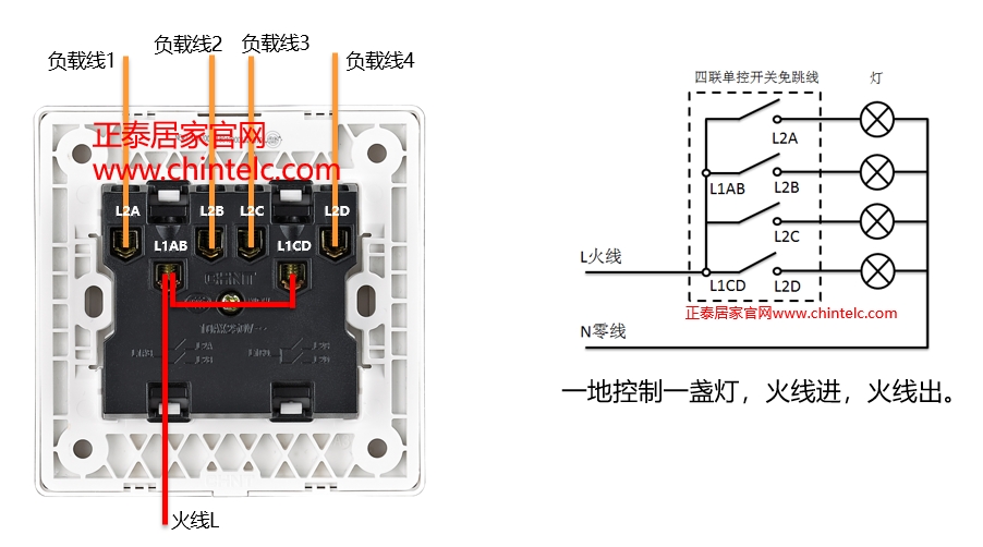 單控開關接線圖-四聯單控開關(免跳線) 單控開關接線圖-四聯單控開關(免跳線)